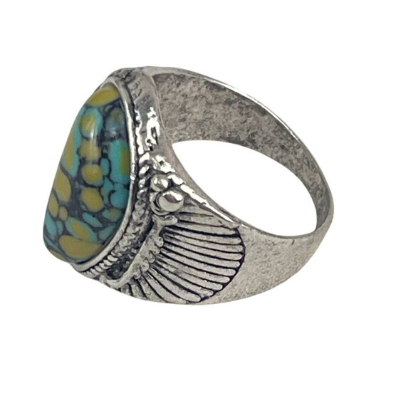 Vintage-Style Silver Ring Teardrop Turquoise Stone Engraved Feathers Boho Sz 10 - Picture 4 of 8